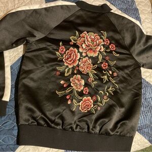 Forever 21 Black Bomber Jacket with Floral Embroidery